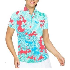 NWT IBKUL Pascha 1/4 Zip Mock Golf Shirt  Size M UPF 50 Short Sleeve Coral/Turq